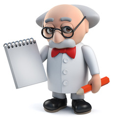 3d mad scientist character holding a notepad and pencil - 267641052