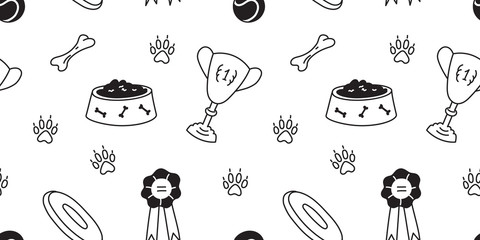 Doodle seamless flat hand drawn dog pattern with black icons of bowls, balls, bones, trophies, medals, paw trace - 267641220