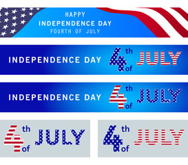 4th of July set of holiday banners, posters isolated on white background with USA flag. American Independence day template. Memorial day. Veterans day. July fourth. Vector illustration..