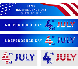 4th of July Independence day. Set of web banner templates with American waving flag and stars. Memorial day. National holiday event poster, flyer, card design. July fourth. Vector illustration