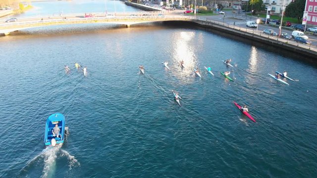 Canoe club down Lerez river in Pontevedra Spain