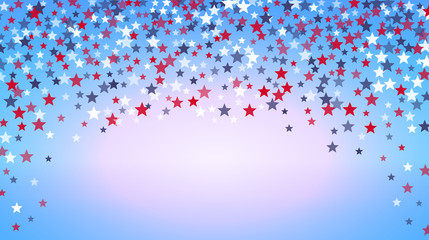 4th of July holiday background with red, blue, white stars confetti. American Independence Day banner, poster, greeting card design. Memorial or veterans day. Space for text. Vector illustration