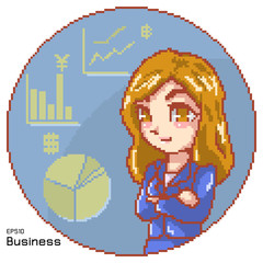 vector pixel art of a cute business girl on sample graphs background