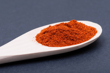 Dried Organic Sweet Paprika powder in handmade wooden spoon on dark background. Seasoning Spice.