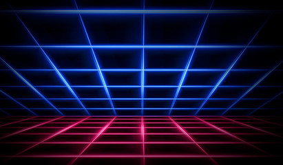 Empty stage, neon lights, spotlights and rays. Dark background and neon light. Night view, urban background.