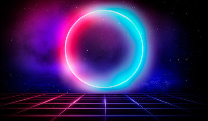 Empty stage, neon lights, spotlights and rays. Dark background and neon light. Night view, urban background.