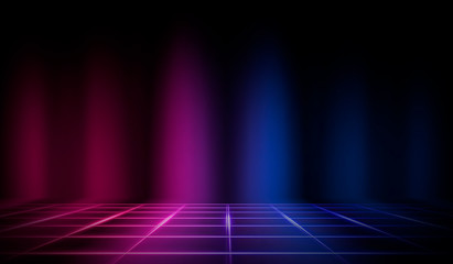 Empty stage, neon lights, spotlights and rays. Dark background and neon light. Night view, urban background.