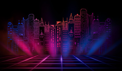 Empty stage, neon lights, spotlights and rays. Dark background and neon light. Night view, urban background.