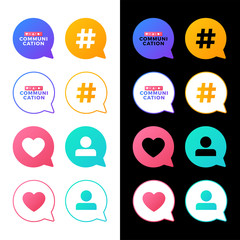Set Vector illustration of a social media communication concept. Communication word with social activity icons in a message bubble