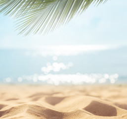Sand with blurred Palm and tropical beach bokeh background, Summer vacation and travel concept. Copy space.