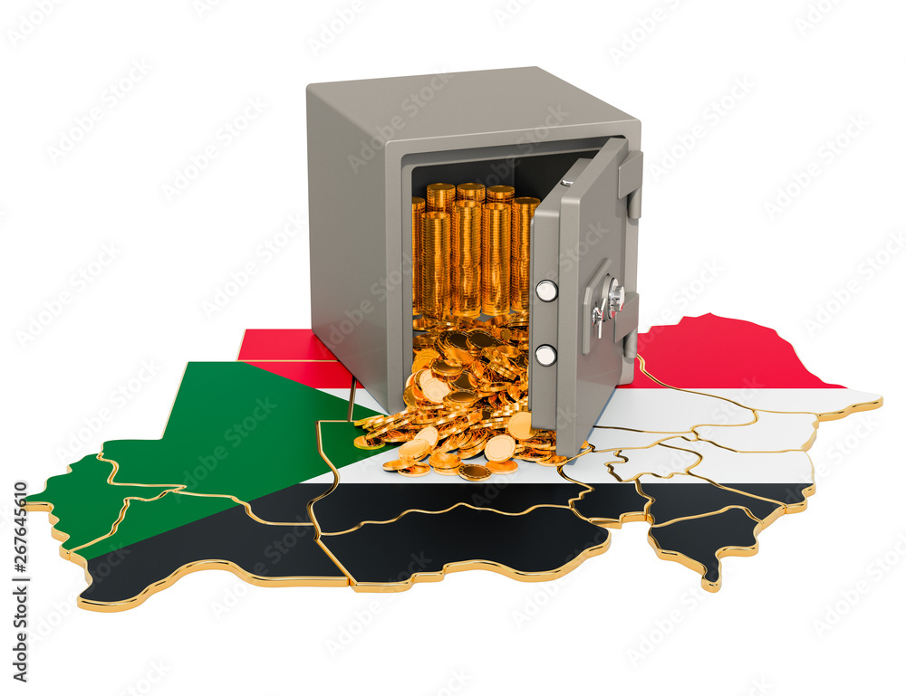 Poster safe box with golden coins on the map of sudan, 3d rendering