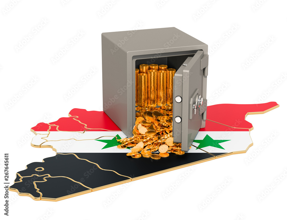 Poster safe box with golden coins on the map of syria, 3d rendering