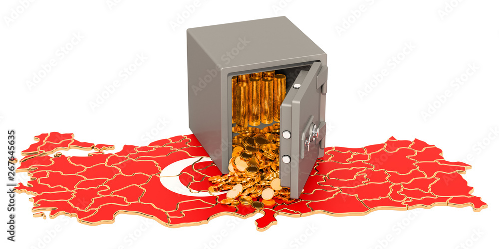 Poster safe box with golden coins on the map of turkey, 3d rendering