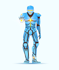 Fototapeta na wymiar Stylish Cyborg man. Humanoid Robot with artificial intelligence, AI. character shows gestures. Android male, futuristic vector illustration in cartoon style.
