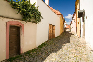 Narrow street in jewish quarter in heart of city Trebic