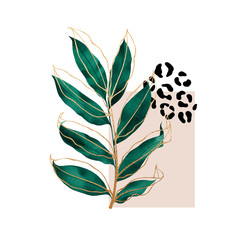 Abstract composition of tropical plants, golden outline, geometric figures and animal pattern.