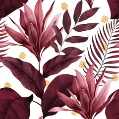 Tropical seamless pattern with plant leaves on white background.