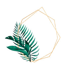 Geometric golden frame with exotic banana and palm leaves in background. Tropical style stationery design.