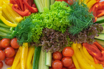 Fresh Veg plate. Vegetable colorful slices. Green salad. Cucumbers. Pepper. Tomatoes. Red, yellow, green colors. Vegan concept. Healthy food. Slim diet.