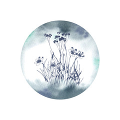 Round label with watercolor background and forest plants and herbs outline drawings.