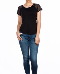 Female fashion, young woman with black blouse and jean - photo on white background