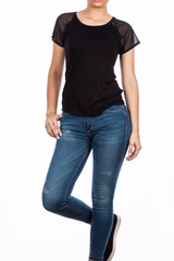 Obraz premium Female fashion, young woman with black blouse and jean - photo on white background