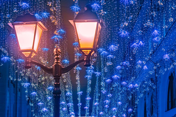 Moscow. Russia. The lantern in the city Christmas on the streets. Christmas lights Moscow streets....