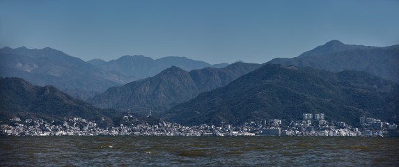 Panorama of downtown Puerto Vallarta Mexico with Sierra Madre mountains