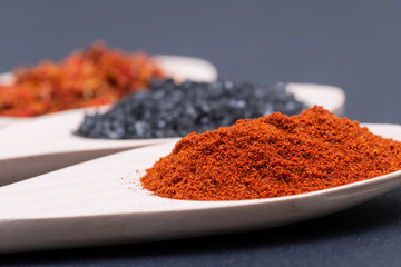 Saffron, Black Lava Sea Salt and Sweet Paprika in wooden spoons on dark background.