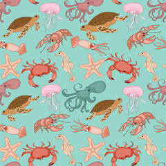 Nautical seamless pattern background with set of sea animals