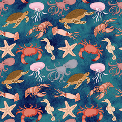Nautical seamless pattern background with set of sea animals