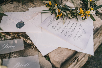 Wedding calligraphy and decor. Wedding invitations, envelope, lace, cards