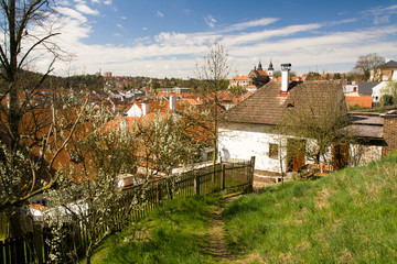 Narrow street in jewish quarter in heart of city Trebic