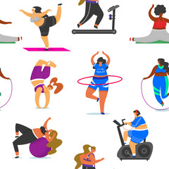 Fototapeta na wymiar Fitness girls Plus Size seamless pattern. Health sport in club. Fat Woman doing exercises, loses weight, running on the simulator, warming up. Training pose in yoga classes, Cute female for background