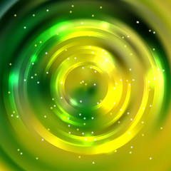 Abstract background with luminous swirling backdrop. Vector infinite round tunnel of shining flares. Yellow, green colors.
