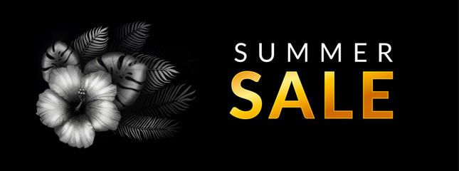 Summer sale banner with tropical leaves, hibiscus flower background. Dark floral design template for banner, header, invitation, poster, web design. Vector summer illustration.