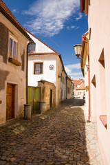 Narrow street in jewish quarter in heart of city Trebic