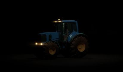 New tractor standing on black background, a modern agricultural transport with headlights closeup. 3d render.