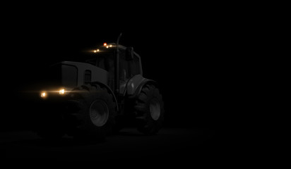 New tractor standing on black background, a modern agricultural transport with headlights closeup. 3d render.