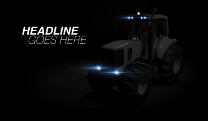 New tractor standing on black background, a modern agricultural transport with headlights closeup. 3d render.