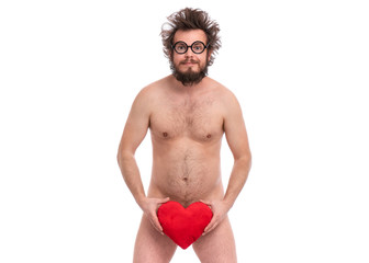 Happy Valentines Day. Crazy bearded Man with funny Haircut in eye Glasses. Happy and silly guy in...