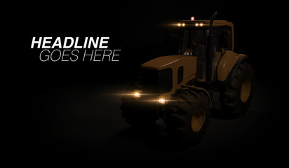 New tractor standing on black background, a modern agricultural transport with headlights closeup. 3d render.