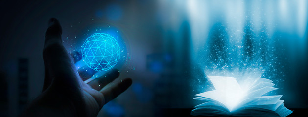 Abstract blue background with neon lights. Polygonal ball shine in your hand and an open book with...