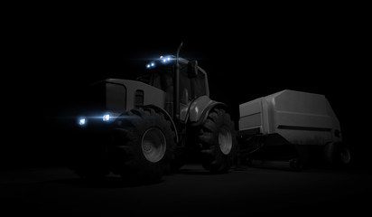New tractor standing on black background, a modern agricultural transport with headlights closeup. 3d render.