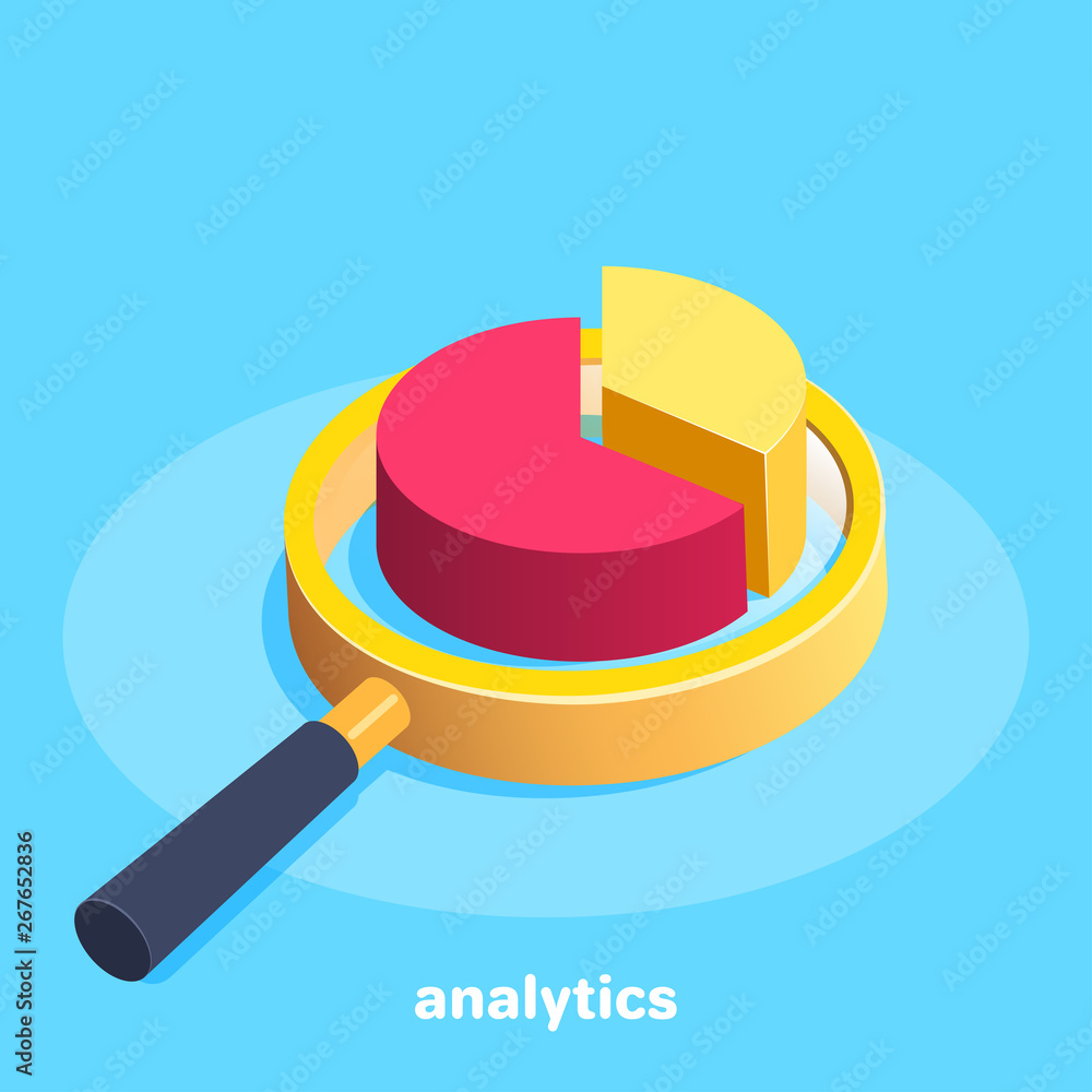 Poster isometric vector image on a blue background, a magnifying glass with a pie chart in the center, the 