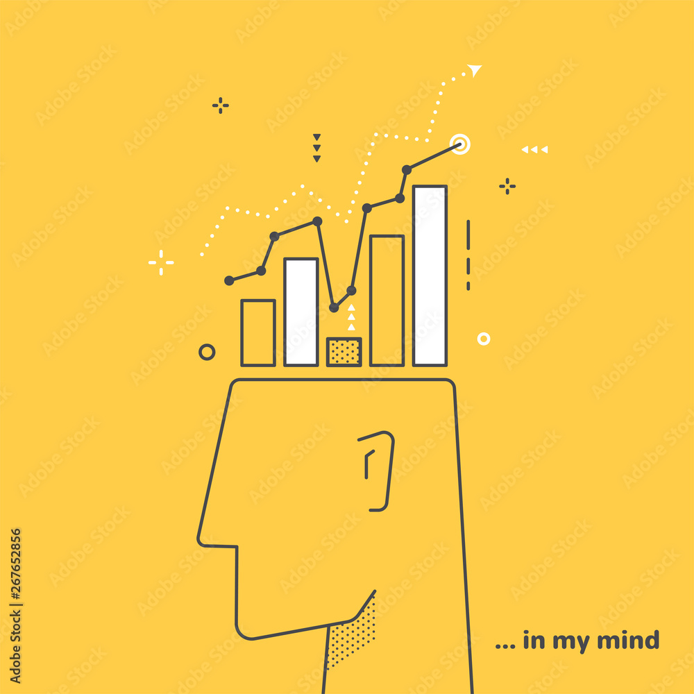 Poster linear vector image on a yellow background, the head of a man and the growing graphs on it, thinking