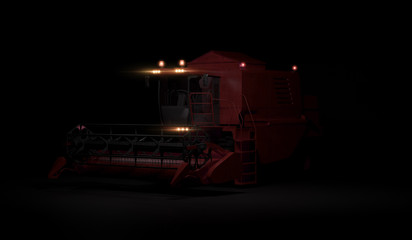 Modern combine with headlights on black background. 3d render