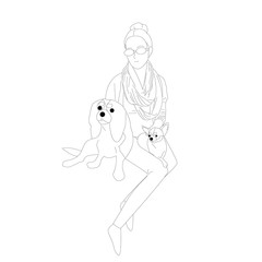 Beautiful hand drawn flat style girl with sunglasses is petting two small dogs. Isolated on white background. Stock vector illustration..