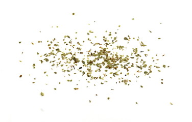 Pile of dried oregano isolated on white. Pile of dried oregano leaves on a white background. Spice...