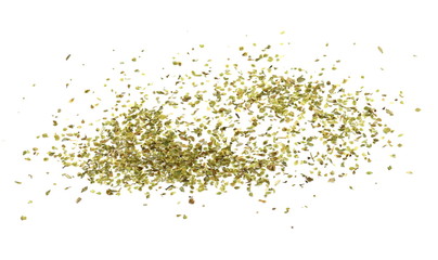 Pile of dried oregano isolated on white. Pile of dried oregano leaves on a white background. Spice for pizza. Pizza ingredient.
